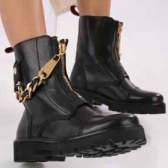 Zadig & Voltaire Joe Cecilia Black Leather Boots Gold Chain Detail Boots Sz 38 - Picture 1 of 7
